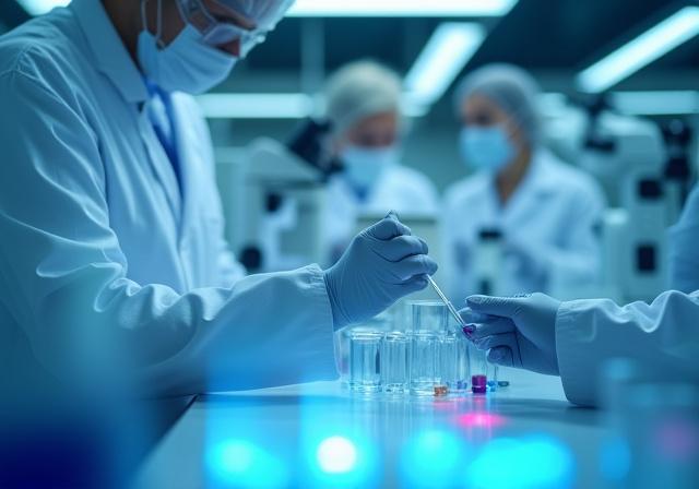 Tecnici specializzati analizzano campioni cosmetici nel laboratorio di ricerca e sviluppo di Canna Fumaria, Bologna.